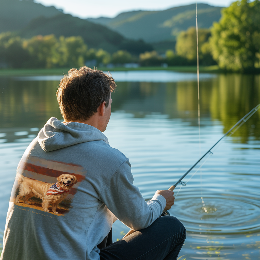 Patriotic Golden Retriever American Flag hoodie and sweatshirt for men. Outdoor lifestyle fishing.