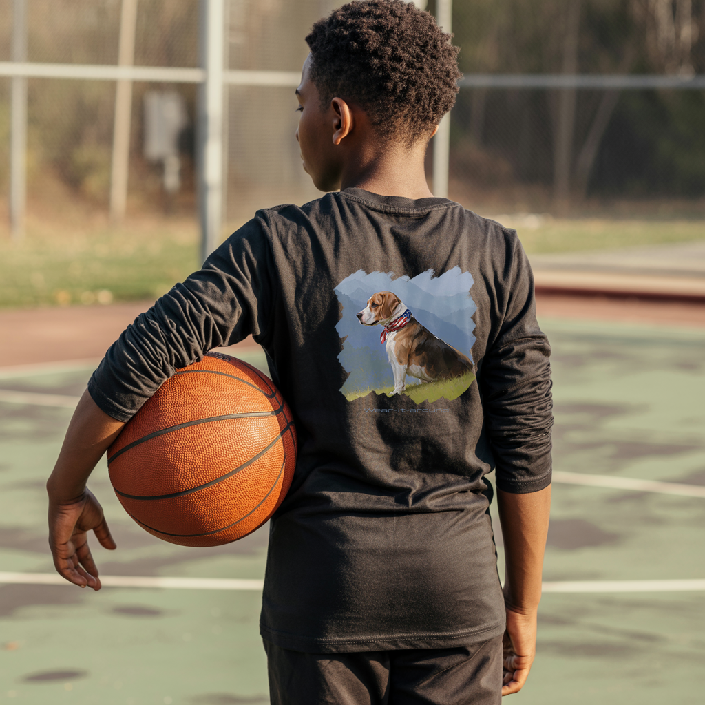 Wear-it-around children's long sleeve t-shirts collection. the image features a young black boy in a black long sleeve t-shirt holding a basketball. the back of his t-shirt features a patriotic Beagle dog with mountains in the background.