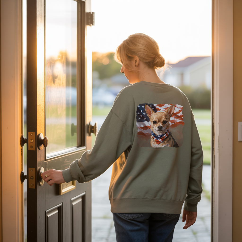 A lady in a grey Wear-it-around sweatshirt as she walks out her front door on a sunny day. The sweatshirt design features a Chihuahua with an American flag bandana around its neck in front of a waving flag.