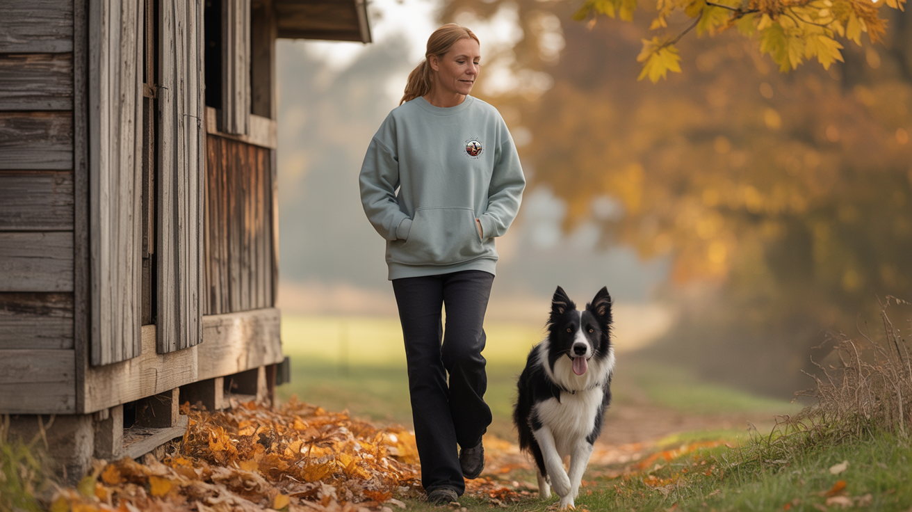 Wear-it-around Border Collie collection image showing a yound lady walking her Border Collie beside an old barn in the fall. she is wearing a light grey sweatshirt featuring our "We the Dogs" design.