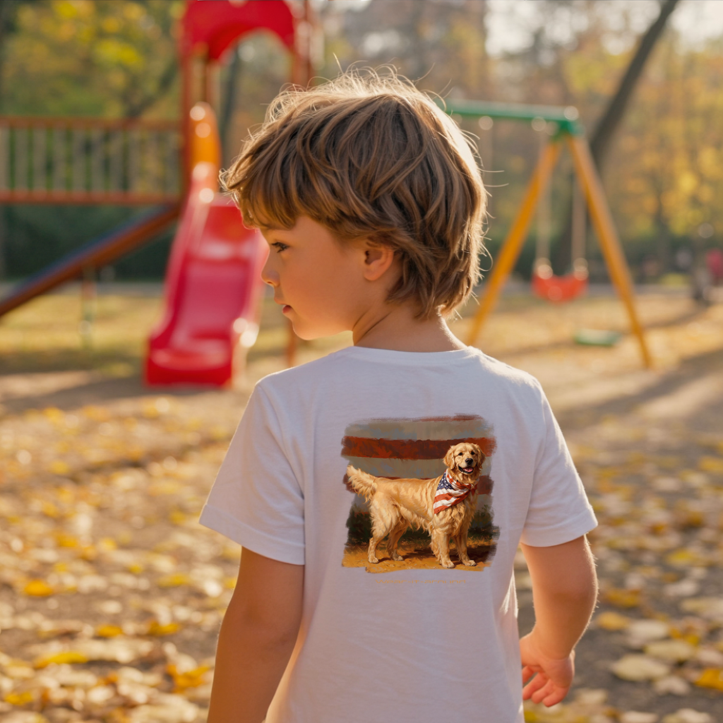 Wear It Around 'We the Dogs' collection display for boys' patriotic t-shirts, including American flag and dog graphics in various colors (blue, gray, white, and green).