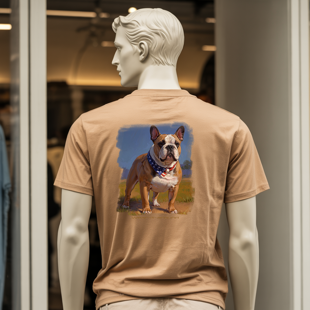 Back view of a mannequin wearing a tan 'Wear-It-Around' t-shirt featuring an illustrated French Bulldog with an American flag bandana.