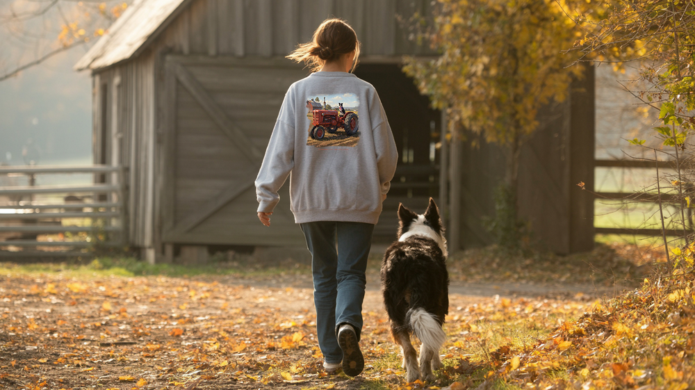 Person walking a Border Collie dog on a path near a barn with autumn leaves