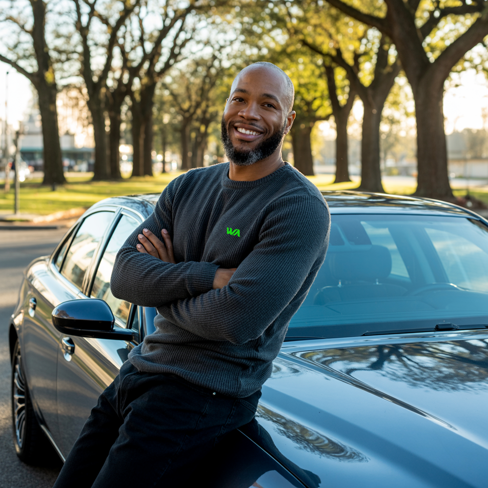Wear-it-around, mens long sleeve t-shirt collection image featuring a young black man leaning on his shinny sports car wearing a long sleeve t-shirt with an embroidered logo.