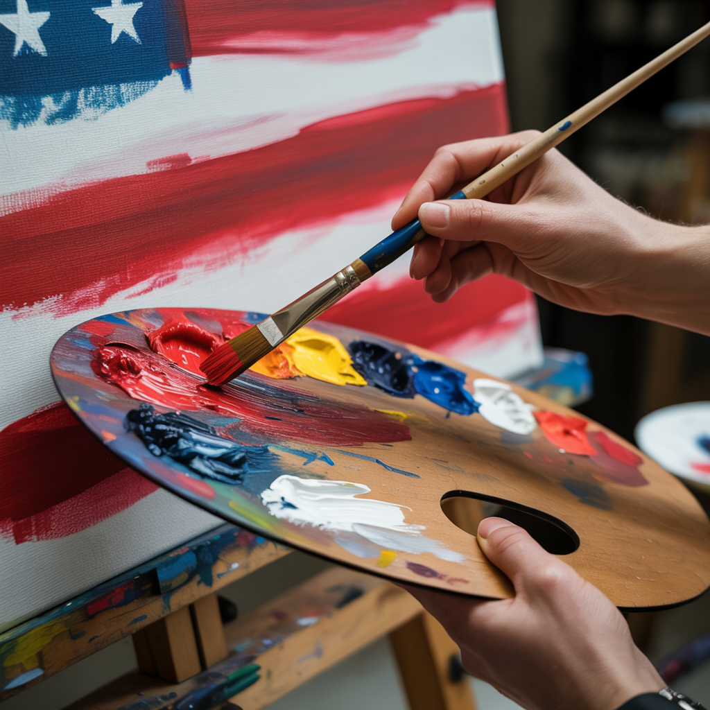 Person painting with a brush on a palette next to an American flag painting.