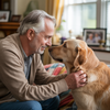 Man sitting on a couch with a golden retriever in a cozy living room.