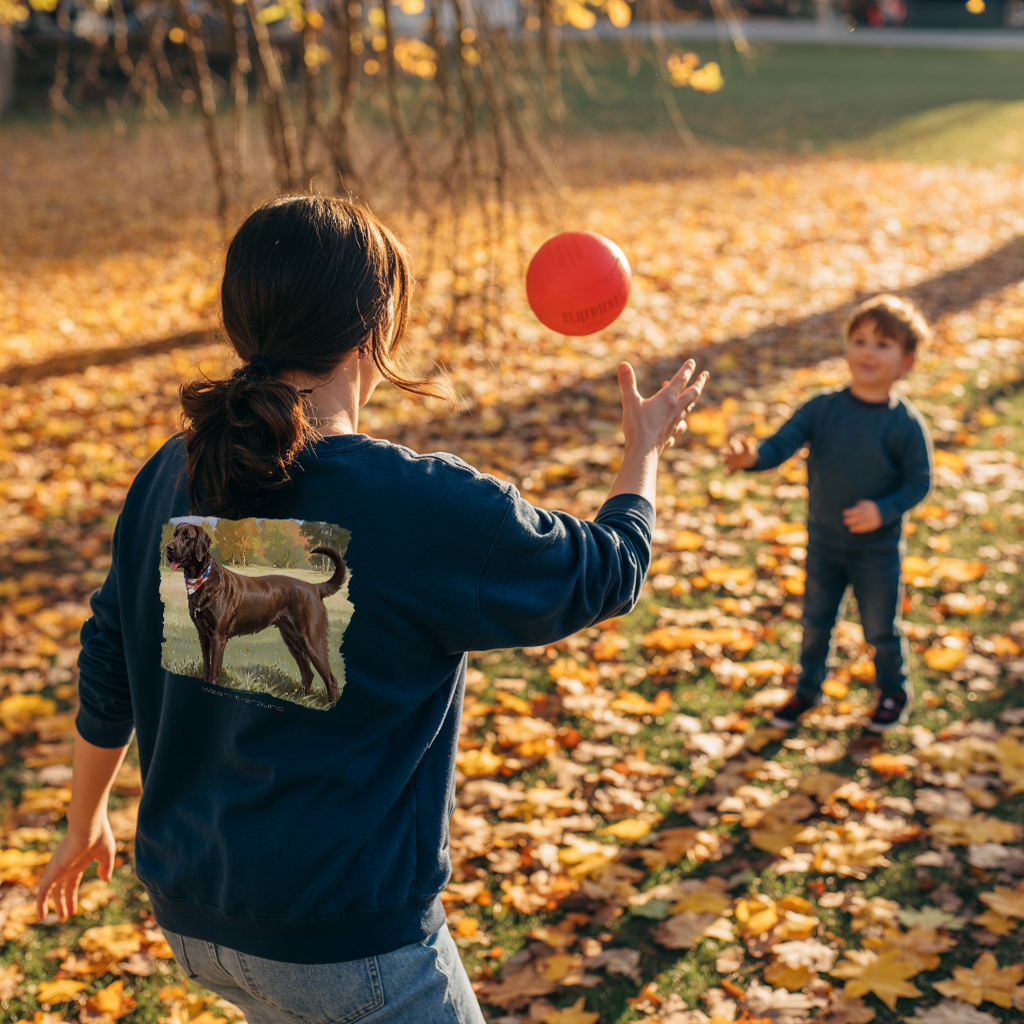 A young lady and her little son playing catch. She is wearing a navy blue sweatshirt featuring a patriotic Labrador Retriever design.