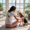 Woman sitting on the floor with a Beagle dog in a sunlit room with large windows.