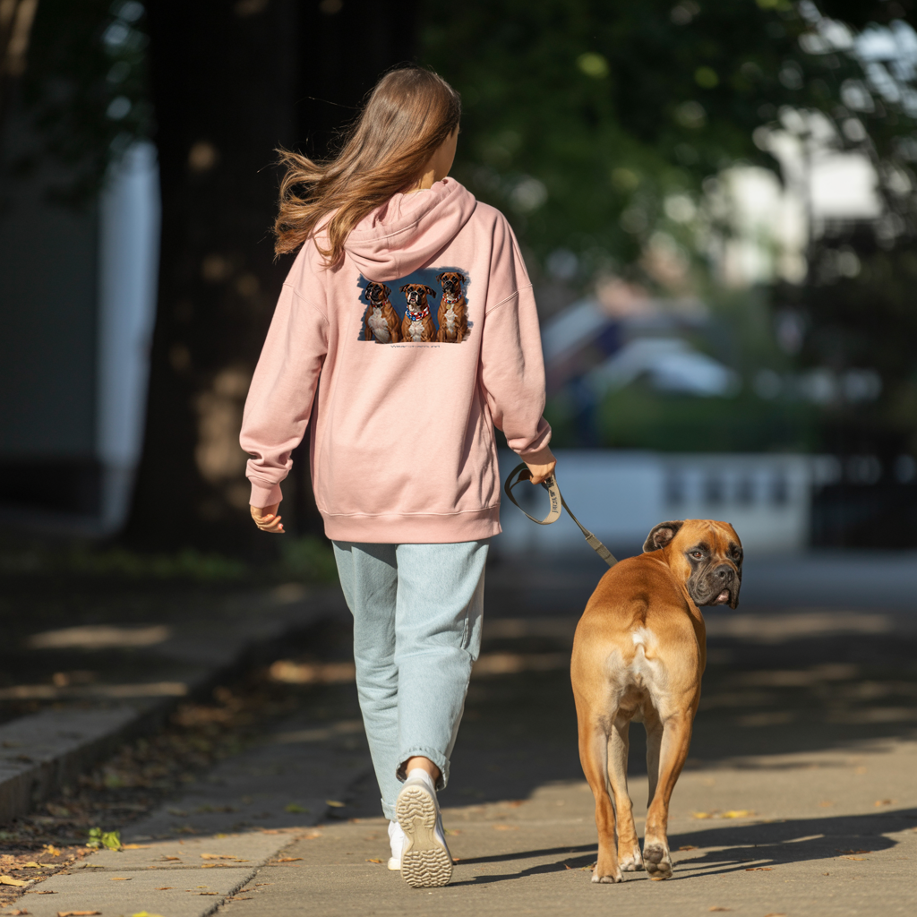 Wear-it-around Boxer breed collection image showing a lady in a pink hoodie walking her Boxer pet dog. her hoodie features a design of three patriotic boxer dogs sitting side by side.