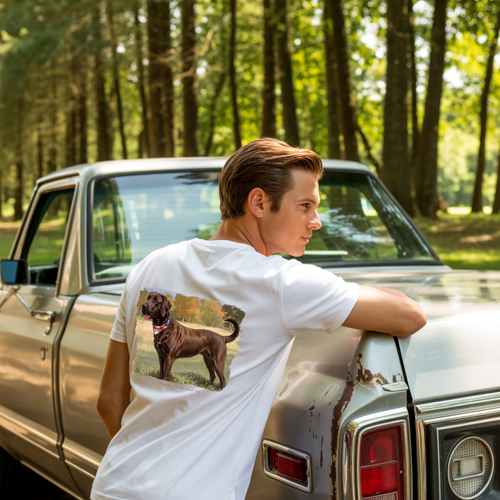 The image of a Wear-it-around collection of 't-shirts' featuring a young man leaning on the hood of an old 1970 car. The man is in a white t-shirt with a patriotic Labrador Retriever design.