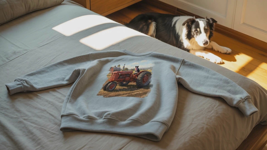 Video showing a Border Collie and its owner. The dog jumps up by a bed to sniff a grey sweatshirt featuring a Border Collie on a vintage tractor. The owner then wears the 'Wear-it-around' sweatshirt while walking the dog. The video concludes with the dog jumping onto a real vintage tractor to match the sweatshirt's graphic, followed by the brand logo