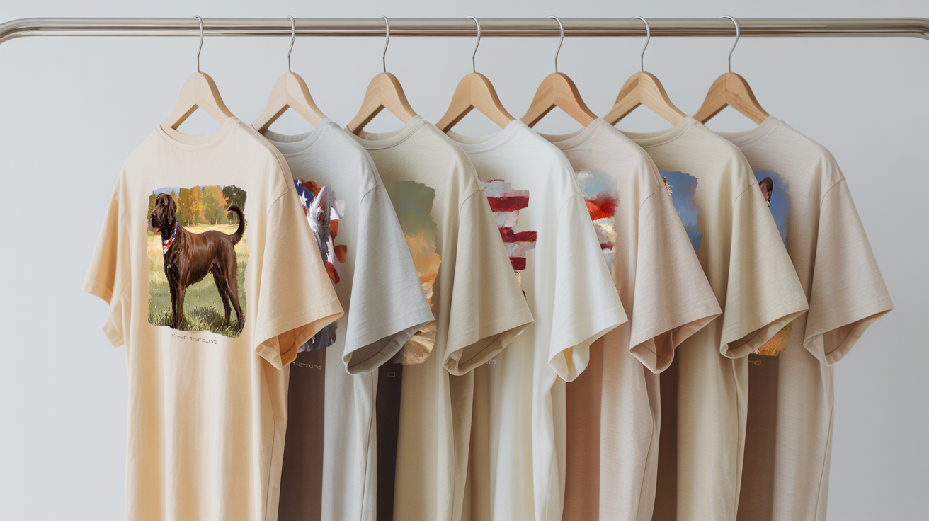 Row of beige t-shirts with various "We the Dogs" prints on hangers against a light background
