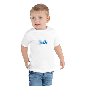 A young boy in a white t-shirt featuring a sporty design of the wear-it-around logo.