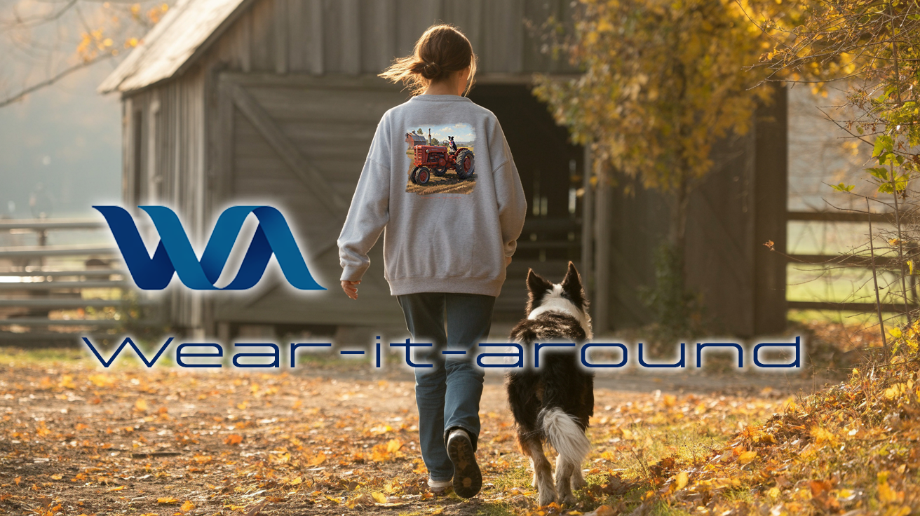 A lady walking her Border Collie with 'Wear-it-around' logo in the foreground