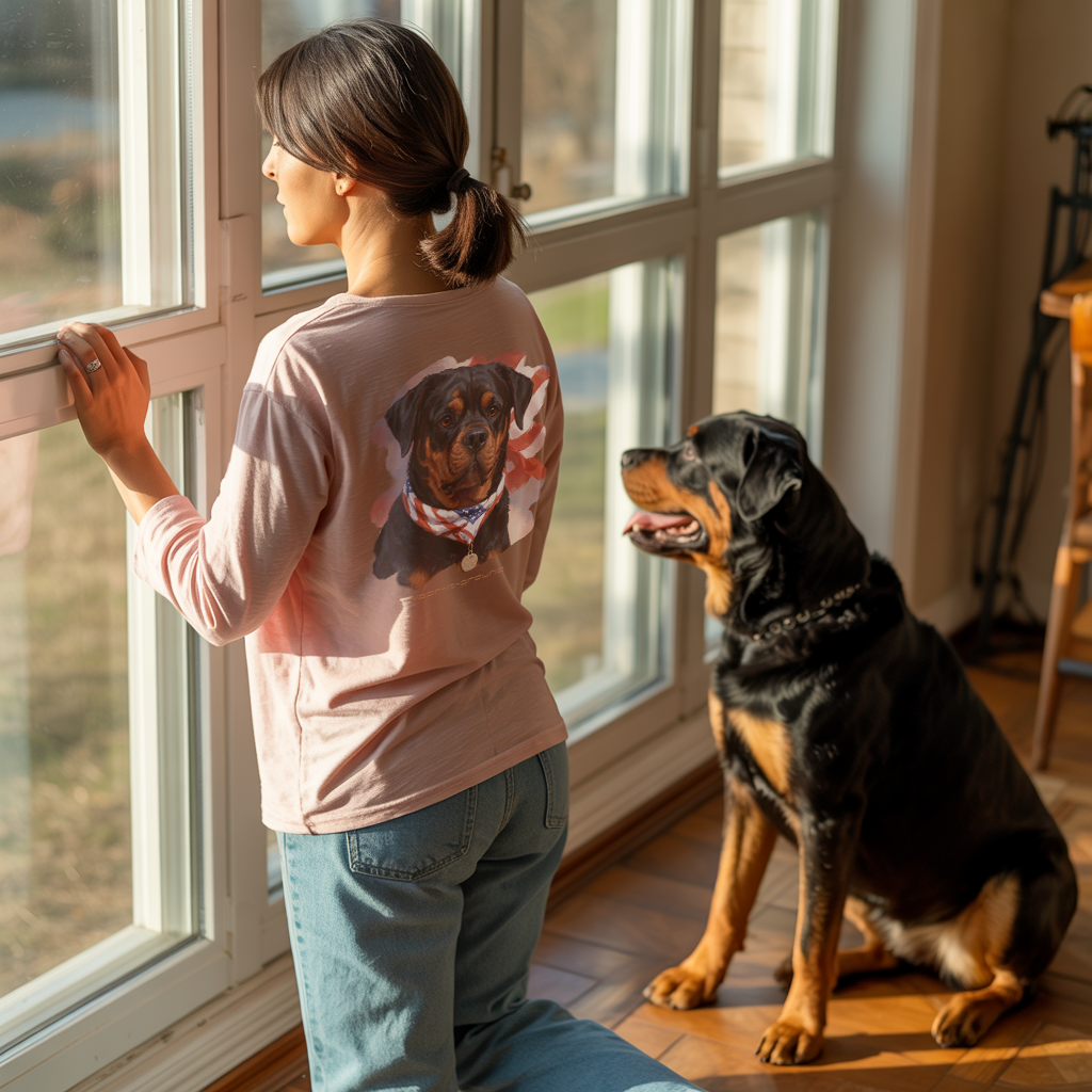 Wear-it-around Rottweiler collection image showing a young lady in a pink long sleeve shirt featuring a patriotic Rottweiler design as she looking out her window on a sunny day. beside her is her pet Rottweiler dog.